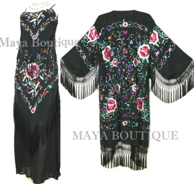 Pre-owned Maya Matazaro Embroidered Silk Fringe Jacket Flamenco Kimono Black & Multi