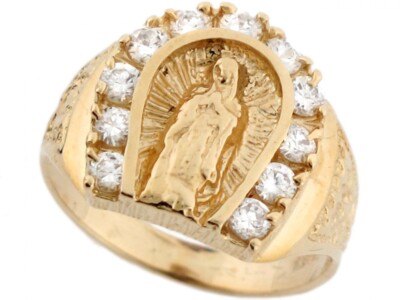 JACKANI 10K OR 14K REAL SOLID GOLD VIRGIN MARY LADY GUADALUPE HORSESHOE CZ MENS RING