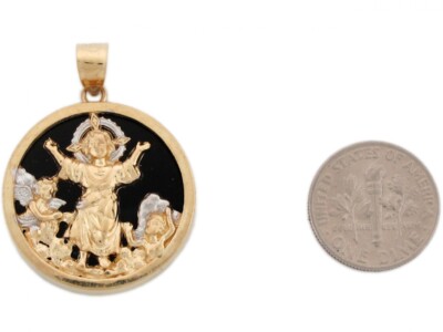Pre-owned Jackani 10k Or 14k Two Toned Real Gold Onyx Divino Nino Jesus Angel Womens Pendant In Black