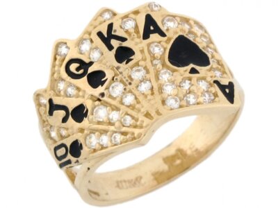 10k or 14k Real Solid Gold CZ Royal Flush Poker Card Enamel Lucky Unisex Ring