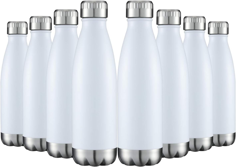 17Oz Stainless Steel Water Bottles Bulk, Vacuum Insulated Water Bottles Double Walled Powder Coated Reusable Metal Sports Water Bottles Keep Drinks Hot and Cold, White, 8Packs