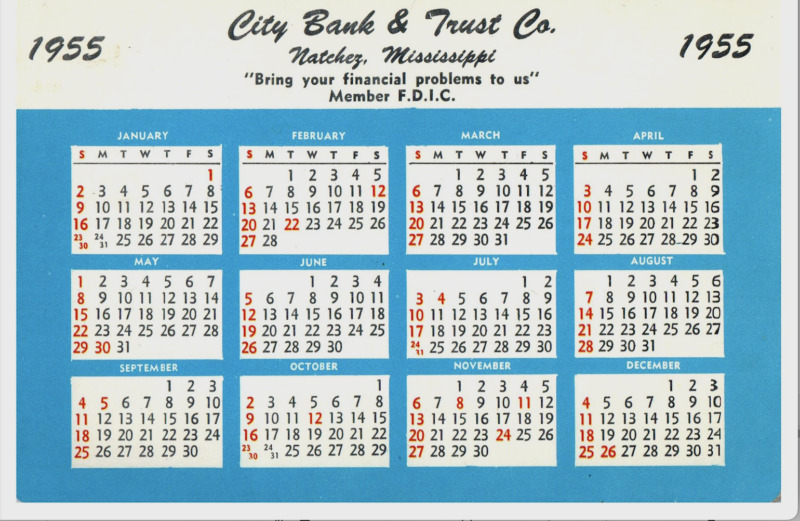 Natchez,Mississippi, MS 1955 City Bank & Trust Calendar /Postcard - V-46