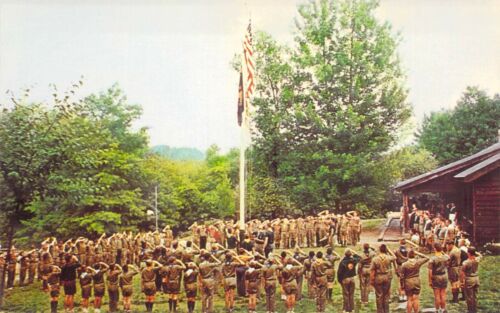 CT Plymouth BOY SCOUT Camp Mattatuck Retreat Ceremony Flag Pole postcard BS1