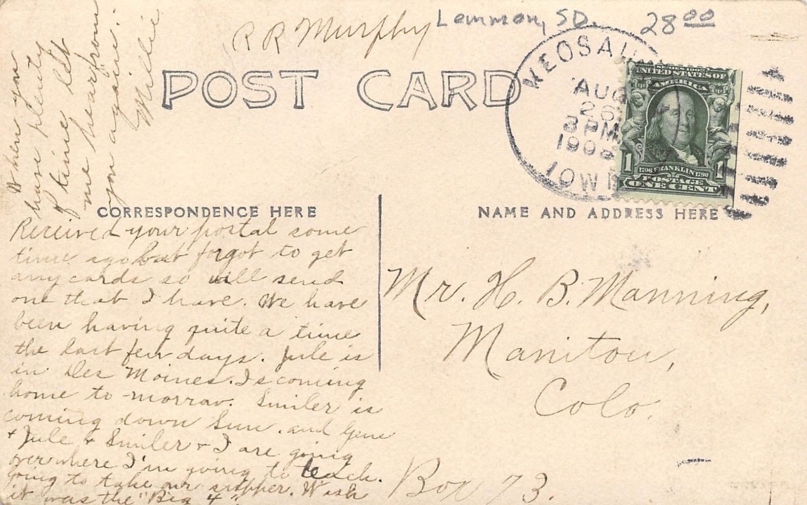 Lemon South Dakota~Main Street~Livery~Condon Harness Repair Shop~1908 RPPC