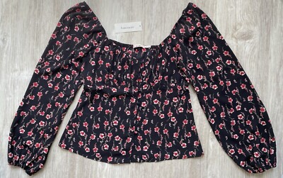 Francesca s Mi Ami | Black Red Floral Long Sleeve Button Down Blouse | NWT | XS