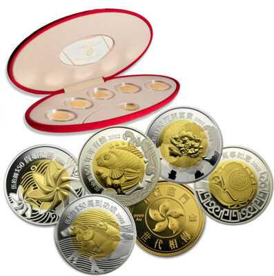 HONG KONG 2002 Silver/Gold Set 'Five Blessings' 5 Silver