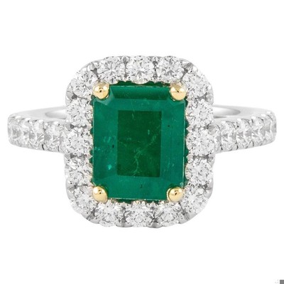GIA 2.98 Carat Emerald and Diamond Halo Ring 18k Gold