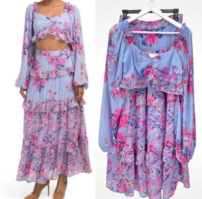 NWT House of Harlow 2 piece Floral Skirt & Crop Top in Pewter Blue & Pink Small