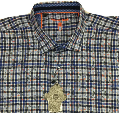Men's Visconti Black L/S Shirt 2XLB Blue Plaid Leaves Print New $145 NICE!