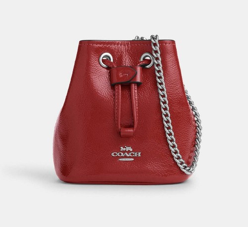 NWT Coach Drawstring Wristlet Pouch Bag in Silver /Red Patent