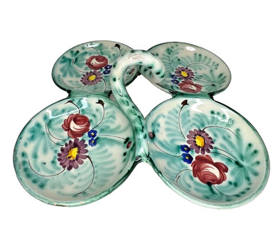 Italian Ceramic Serving Dish with Handle 4 Bowl Divided Blue Floral Italy AS IS