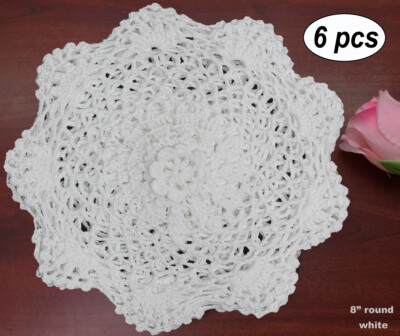 6PCS 8'' Round Crochet Lace Doily WHITE 100% Cotton Handmade, Set of 6 Pieces 