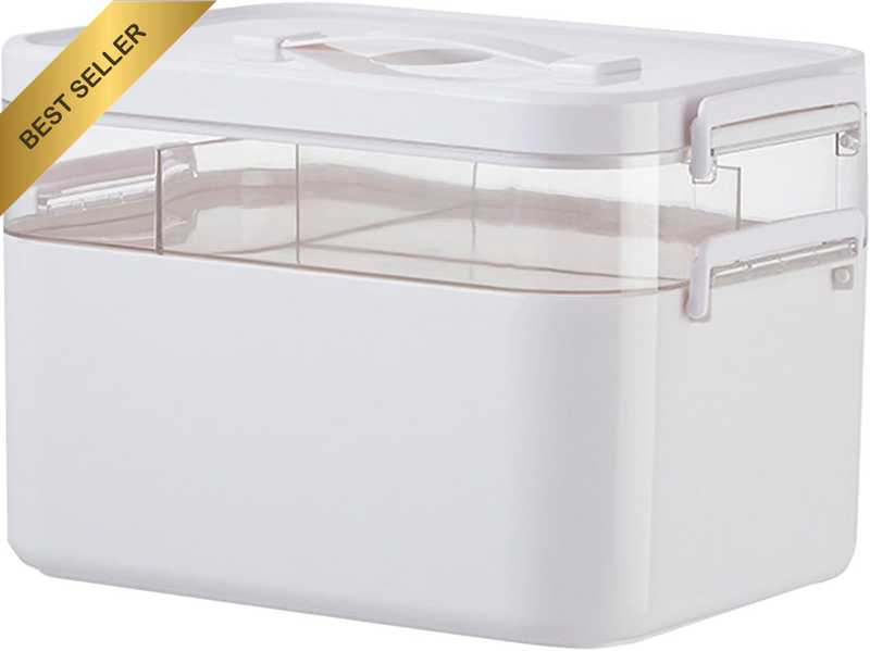 Medicine Storage Box Organiser - Double Layers Multi Grid First Aid Box with Lid