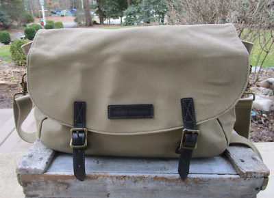 BROOKS BROTHERS Messenger Bag Khaki Brown Canvas Brown Leather Trim | eBay