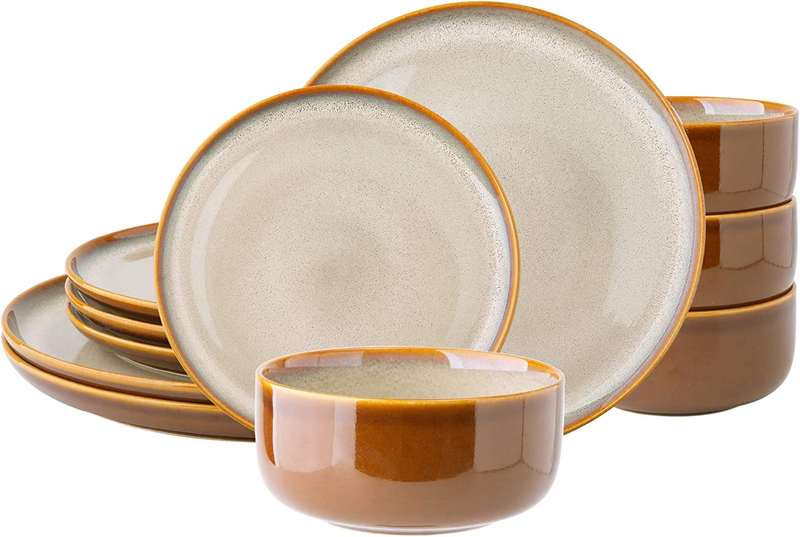 Ceramic Dinnerware Sets,12-Piece Plates and Bowls,Handmade Reactive Glaze Dishes