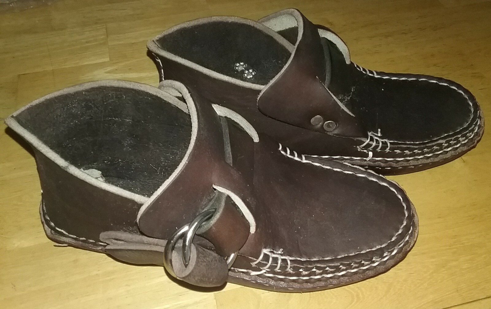 Pre-owned Moccasin Arrow  Women's Double Sole Ring Boot Sz 5.5 Hand Sewn Chrome Leather In Brown