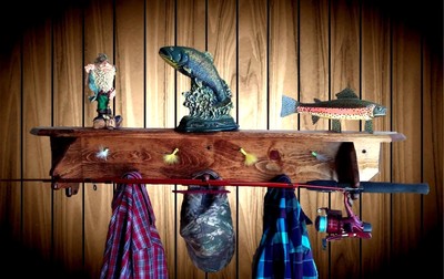 Wood Fish Pole Shelf Coat Hat Rack Rod Holder Home Cabin Fishing Decor Gift