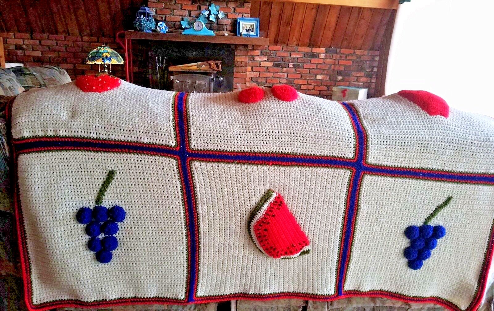 Vintage Homemade Afghan Blanket With Puffy Fruits 65