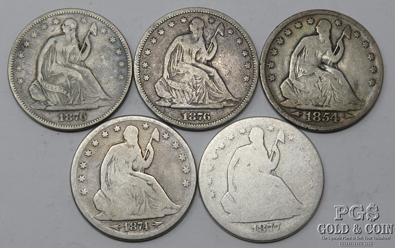 1854, 1874, 2x 1876-S, 1877-S Seated Liberty Half Dollars 50c