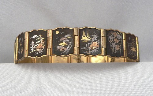 Vintage Japanese DAMASCENE BRACELET Scenic Gold Silver Inlay Engraved Japan