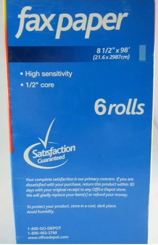 Office Depot FAX PAPER 4 Rolls Thermal High Sensitivity 8.5” x 98’/Roll  1/2”