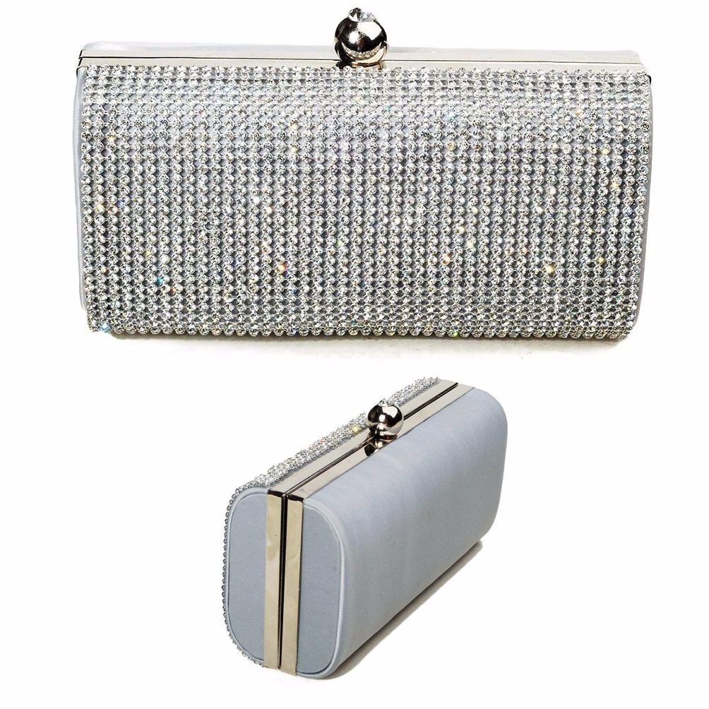 Womens Diamante Silver Clutch Bag Bridal Wedding Engagement Birthday