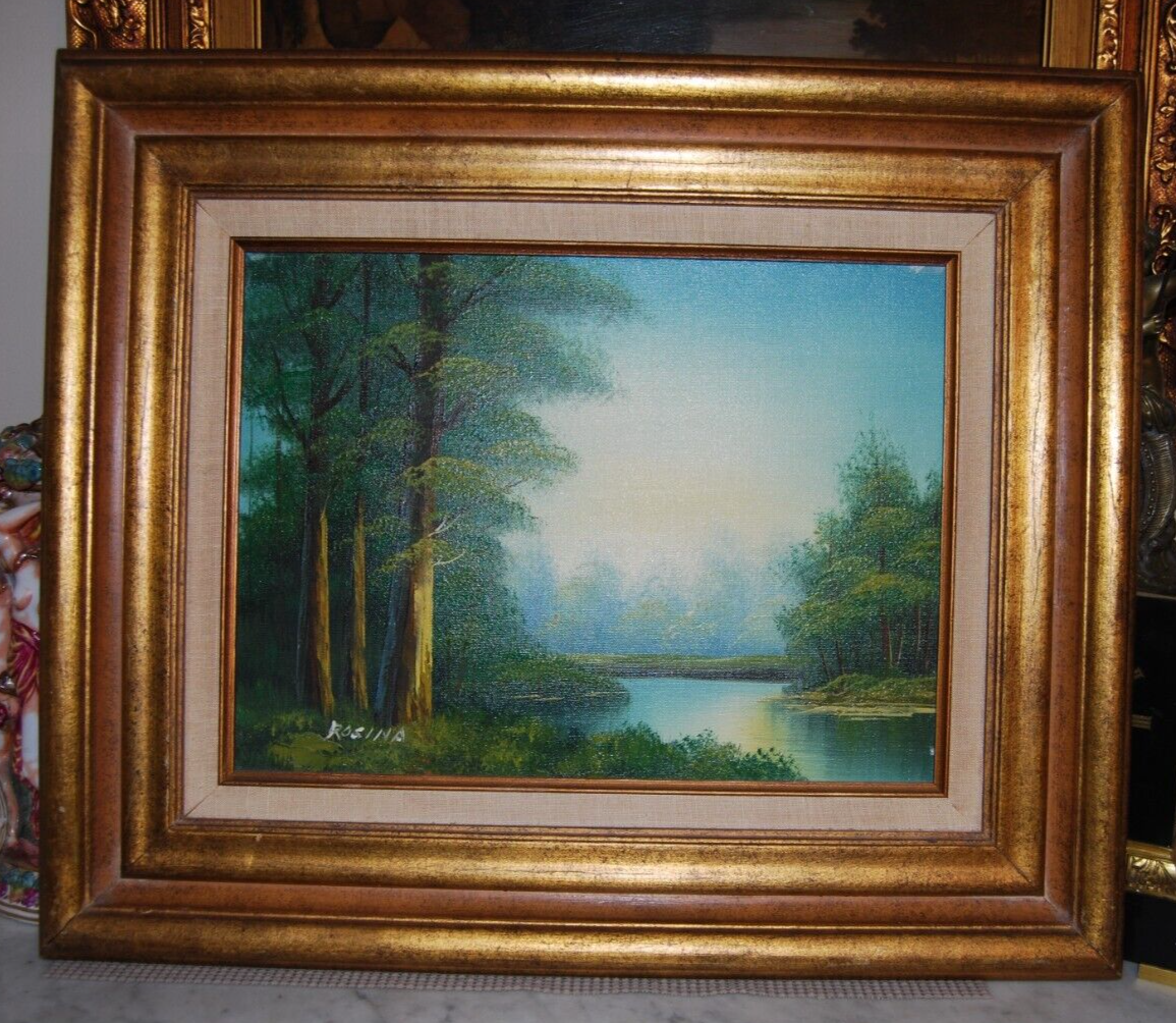 VTG 1970'S FRAMED SIG ORIGINAL OIL RIVER AND FOREST COUNTRY SCENE ARTIST: ROSINA