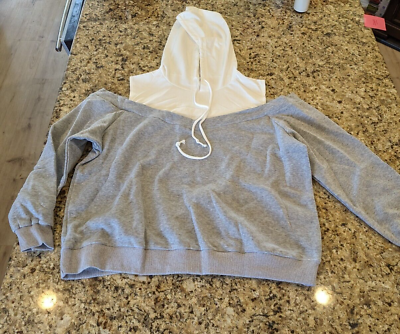 SHEIN EZwear Plus Two Tone Cold Shoulder Drawstring 2 In 1 Hoodie  Grey/White 2XL