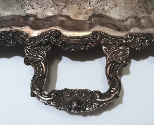 Antique Large Sheridan Silver Plated Footed Handled Engraved Butler Serving Tray