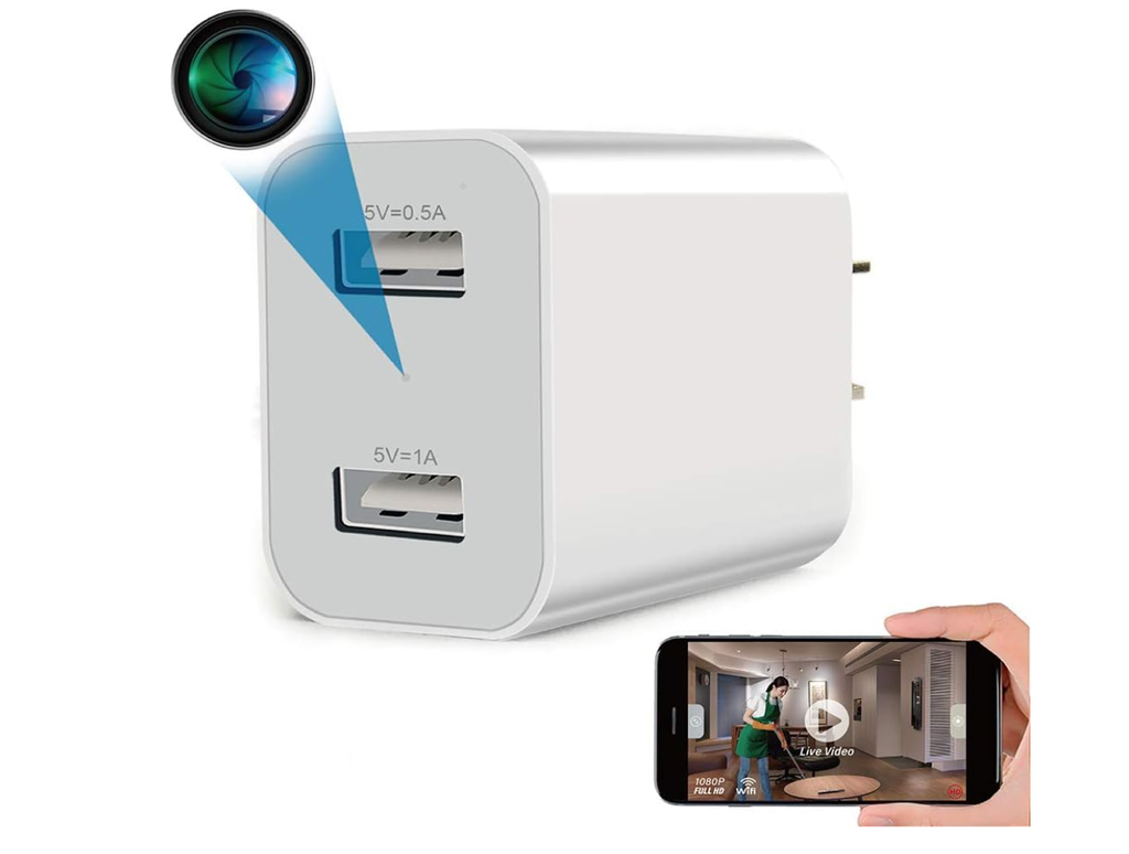 Dual USB wall charger with camera function illustration.