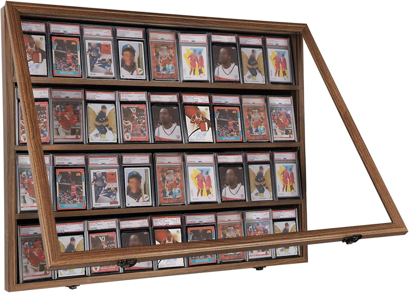 Baseball Card Display Case - 36 Graded Sports Card Display Frame - Holds Sport Cards with UV Protection Clear View Lockable Wall Cabinet for Football Basketball Hockey Trading Card, Walnut