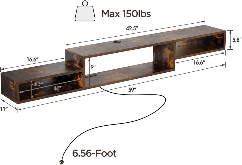 Floating TV Stand Wall Mounted with Power Outlet 59", Floating Entertainment Cen