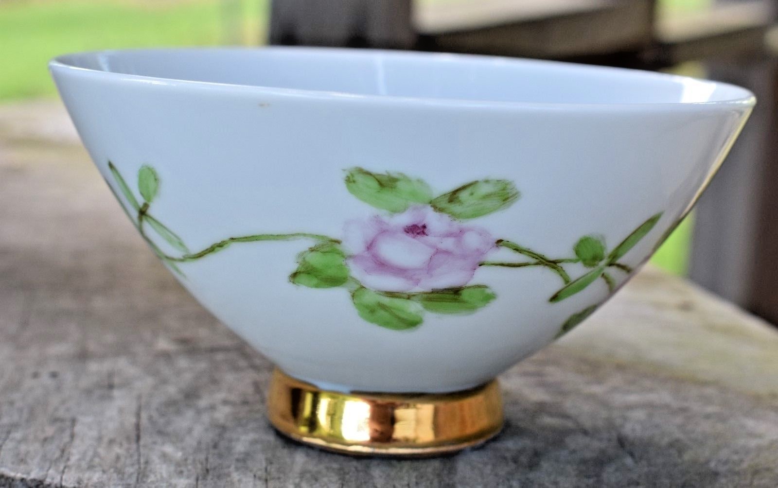 Hand painted Footed Bowl Dish Pink Flowers gold trim signed SK