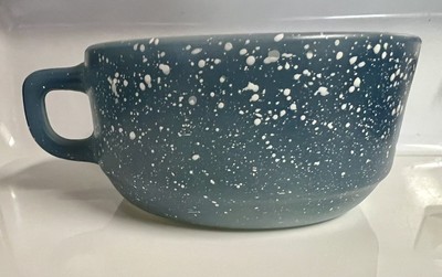 Anchor Hocking Soup Bowl Fire King D Handle Blue Speckled Stackable HTF Vintage