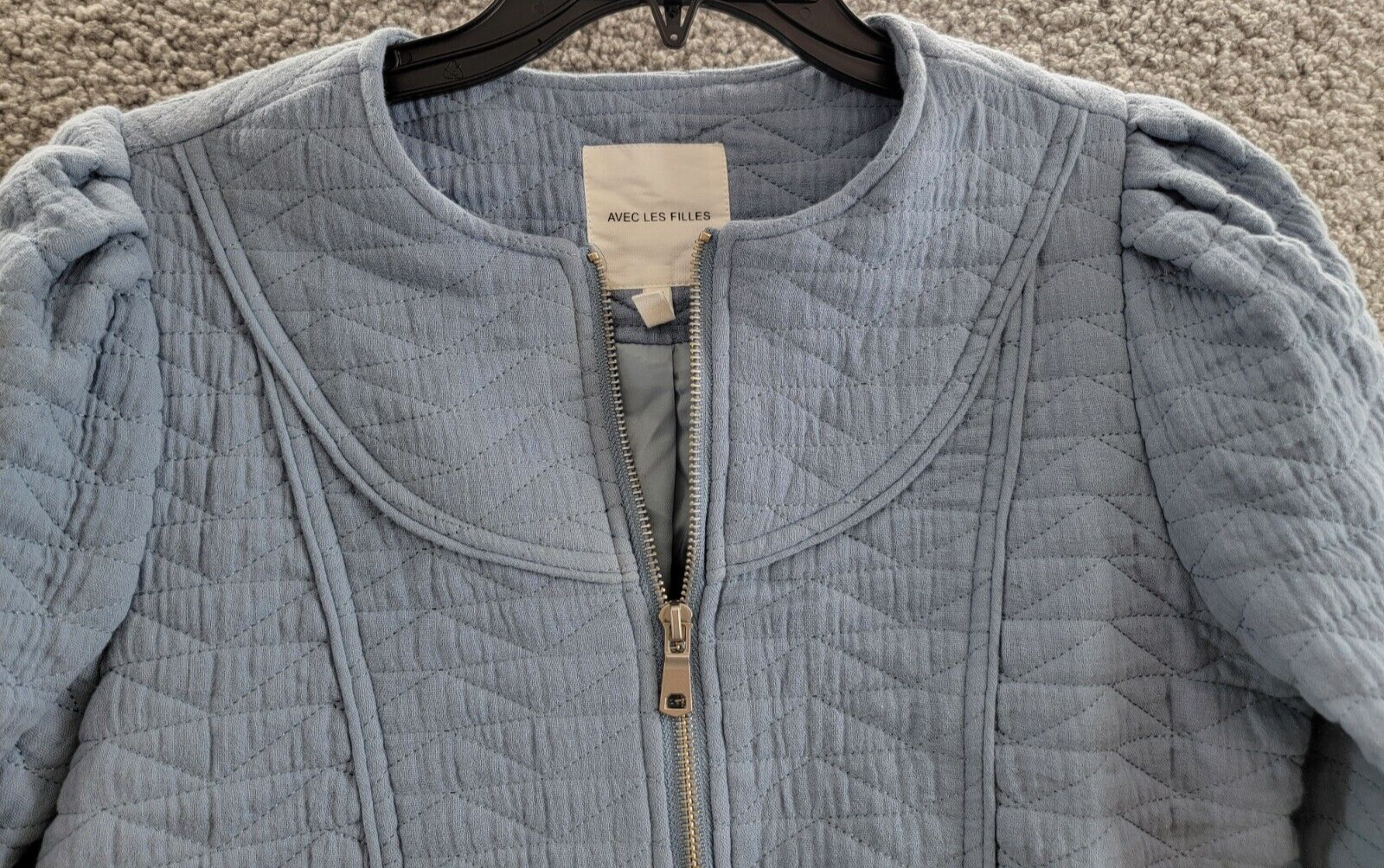 Avec Les Filles Quilted Puff-Shoulder Zip-Front Jacket Women's XS Dusty Blue - Picture 3 of 17
