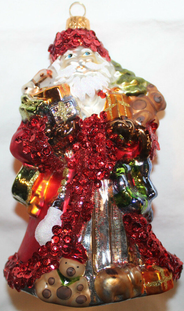 VGUC POLONAISE Kurt Adler Santa w/ Toys & Teddy Bears ~ Covered in Red Sequins