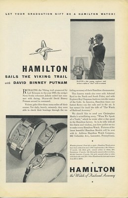 Hamilton Watch Sails the Viking Trail with David Binney Putnam 1932 Vintage Ad 