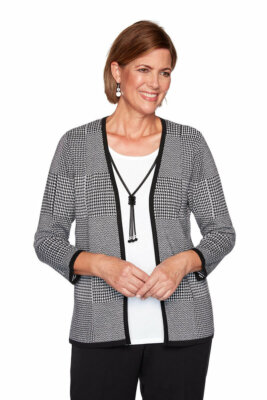Alfred Dunner Small Black Houndstooth 3/4 Sleeve Layered Sweater Top NWT