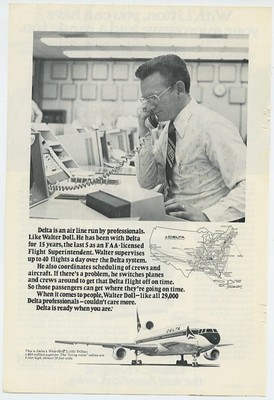 Delta Walter Doll Flight Superintendent Up To 40 Flights a Day 1977 Vintage Ad 