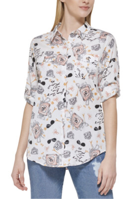 KARL LAGERFELD PARIS Women's Printed Whimsical Long Sleeve Top.Sz M.$69