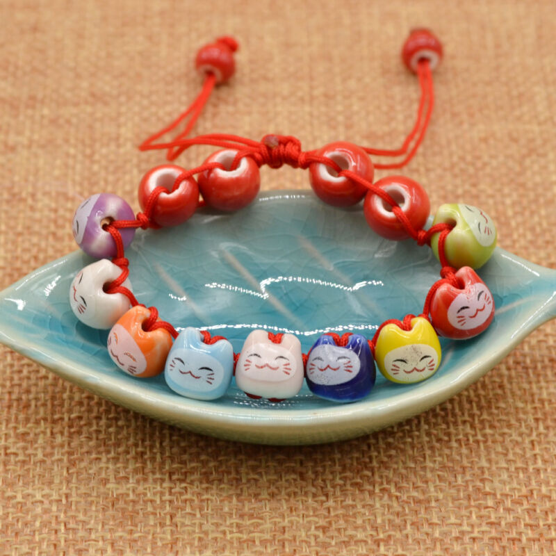 Ceramic Cat Beads Charm Lucky Bracelets For Fortune Money Health Adjustable Red