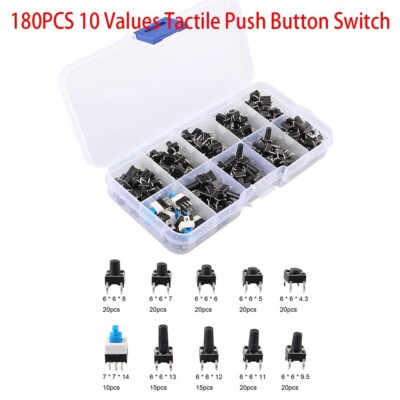 180 Pcs SPST Mini Micro Momentary Tactile Push PCB Button Switch 6x6x4.3mm-14mm