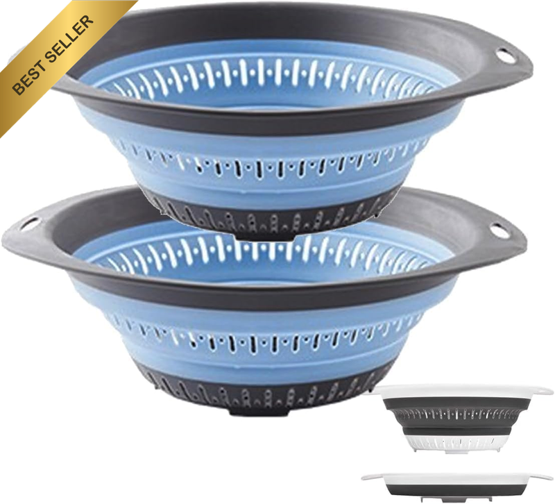 2PC Collapsible Silicone Colander Strainer Set Veg Fruit Blue