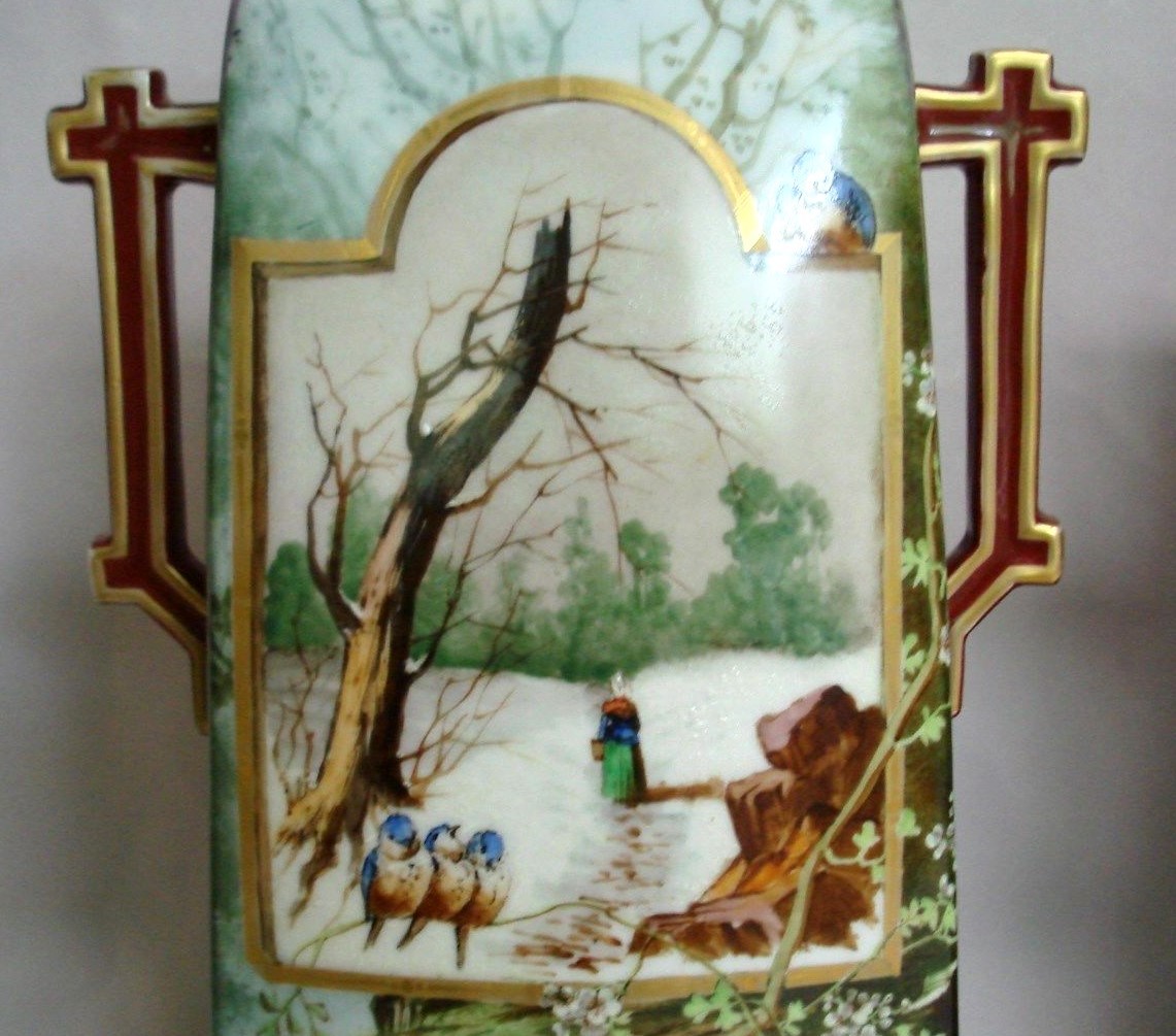 PAIR ANTIQUE HAND PAINTED PORCELAIN MATCHING BLUE BIRDS IN WINTER MANTLE VASES
