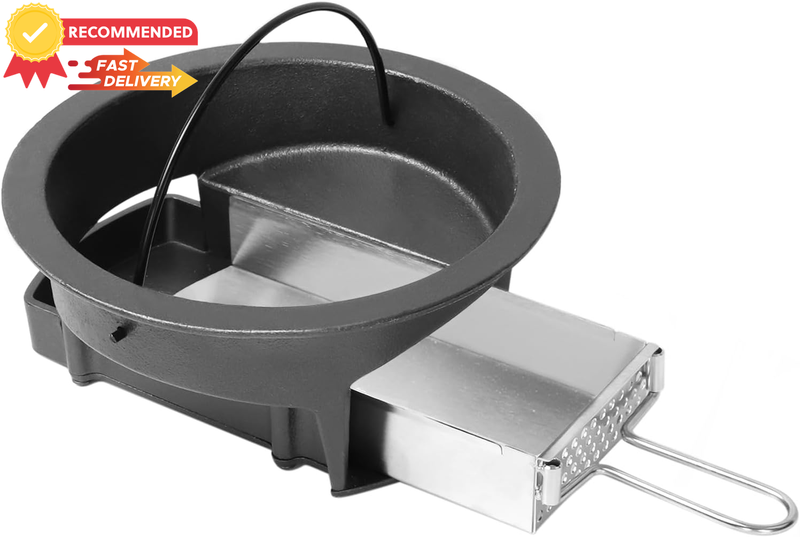 2-in-1 Cast Iron Ash Can for Kamado Grill, Removable Ash Drawer, Foldable Handle