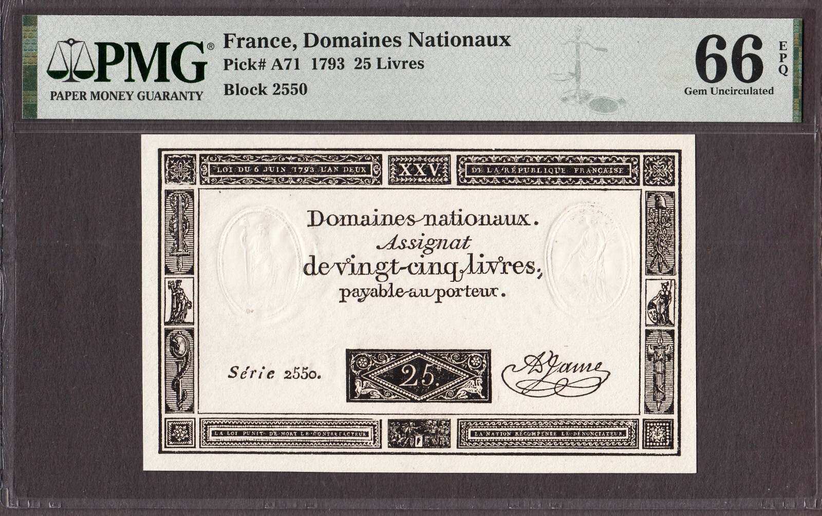 Msrp France 25 Livres 1793 Pick-A71 GEM UNC PMG 66 EPQ | eBay