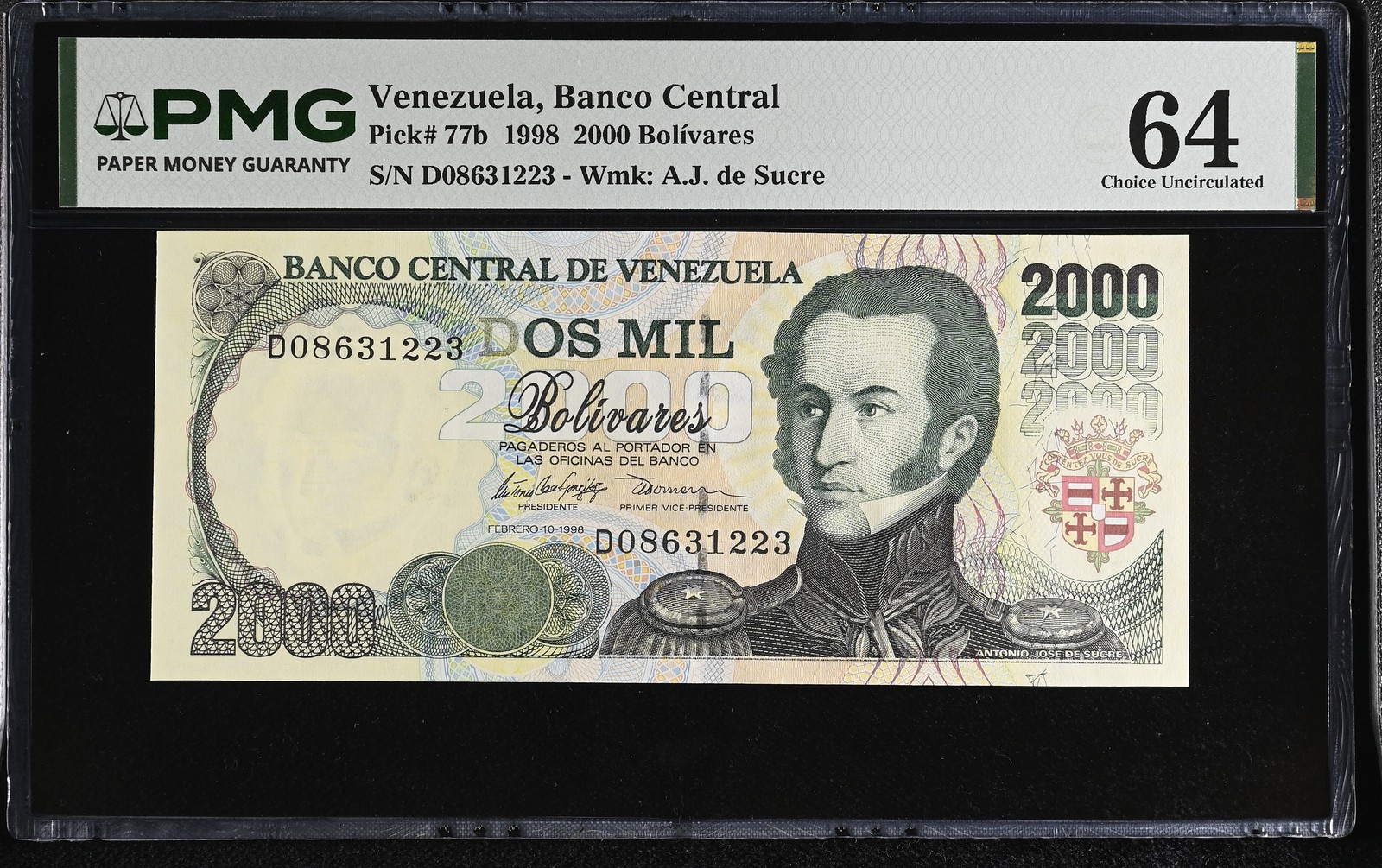 Venezuela 2000 Bolivares 1998 P 77 b Choice UNC PMG 64 WTM A.J. de Sucre
