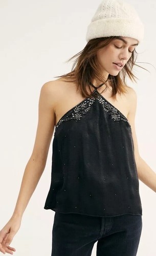 Атласный топ с лямкой на бретельках Free People Victoria, расшитый бисером и пайетками, S