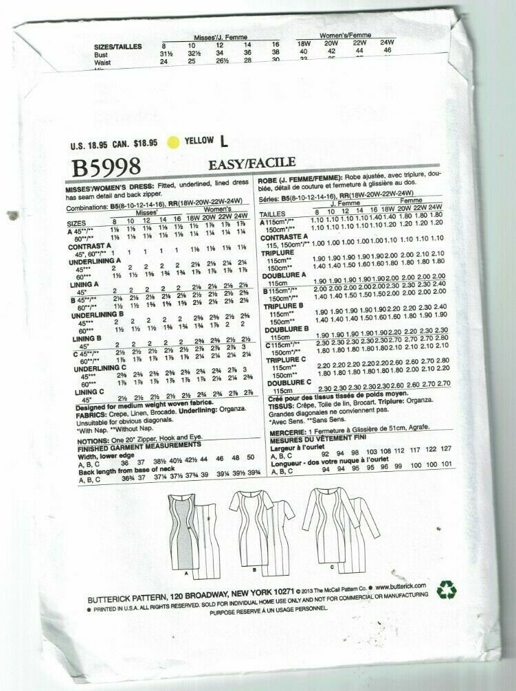 Butterick # 5998 150th Anniversary Dresses w/variations Pattern Sz: ( 8-16) UC
