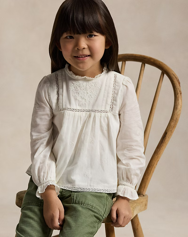 Ralph Lauren Embroidered Voile Top Girls' 6 White Collared Ruffled Button Back - Picture 1 of 17